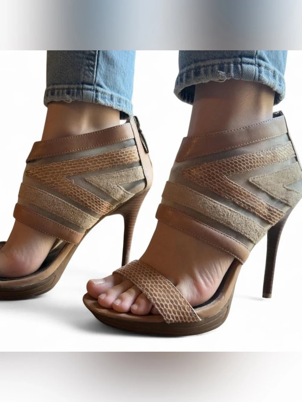 DKNY Sasha suede leather snakeskin strappy taupe beige High Heel Sandals 7.5